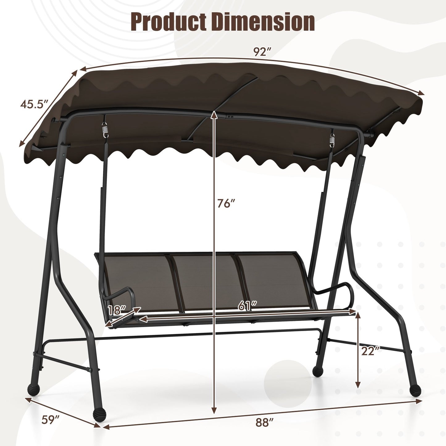 3-Seat Outdoor Porch Canopy Swing with Adjustable Shading, Brown Porch Swings   at Gallery Canada