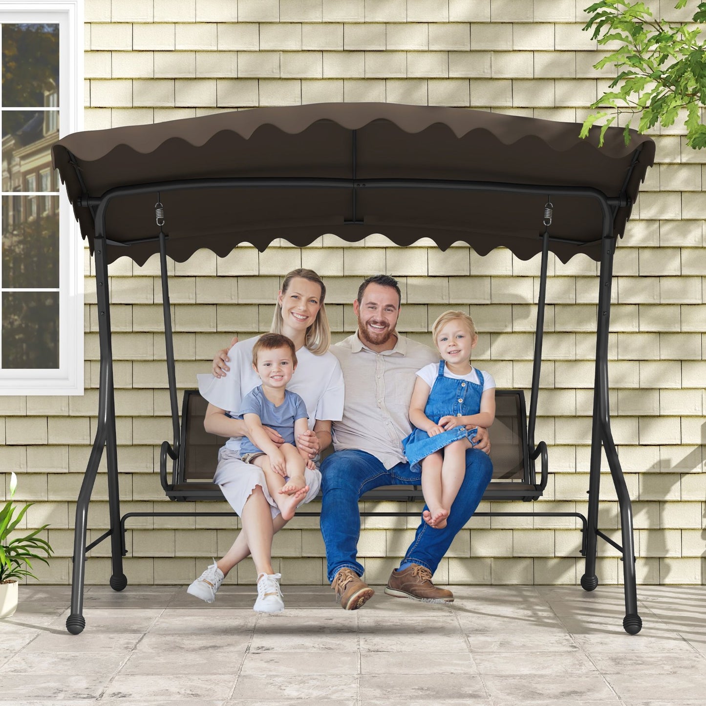 3-Seat Outdoor Porch Canopy Swing with Adjustable Shading, Brown Porch Swings   at Gallery Canada