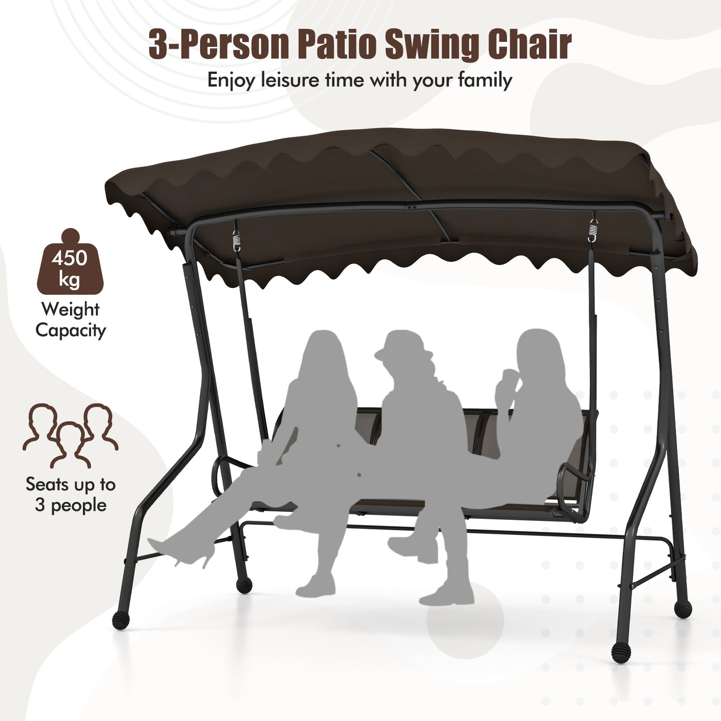 3-Seat Outdoor Porch Canopy Swing with Adjustable Shading, Brown Porch Swings   at Gallery Canada