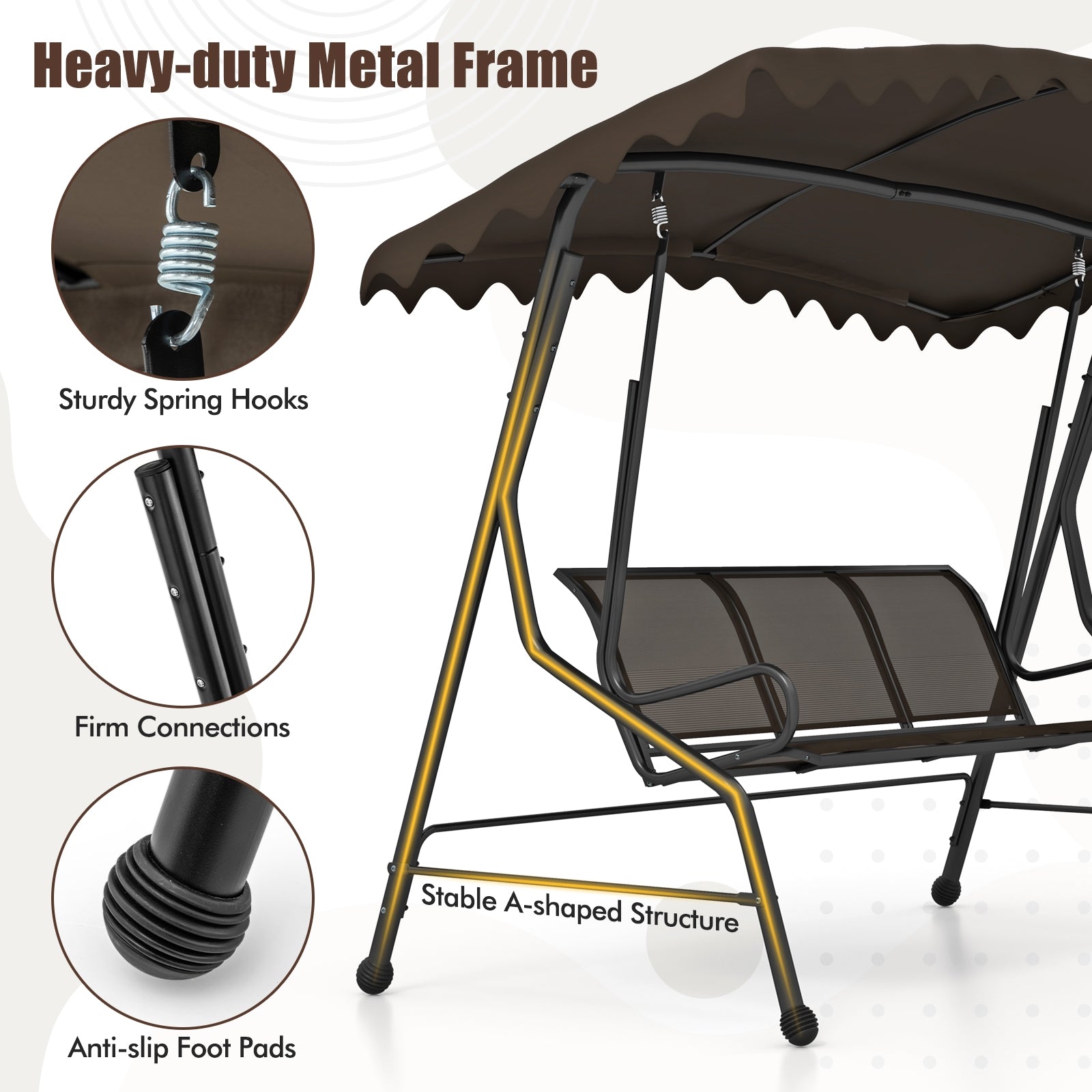 3-Seat Outdoor Porch Canopy Swing with Adjustable Shading, Brown Porch Swings   at Gallery Canada