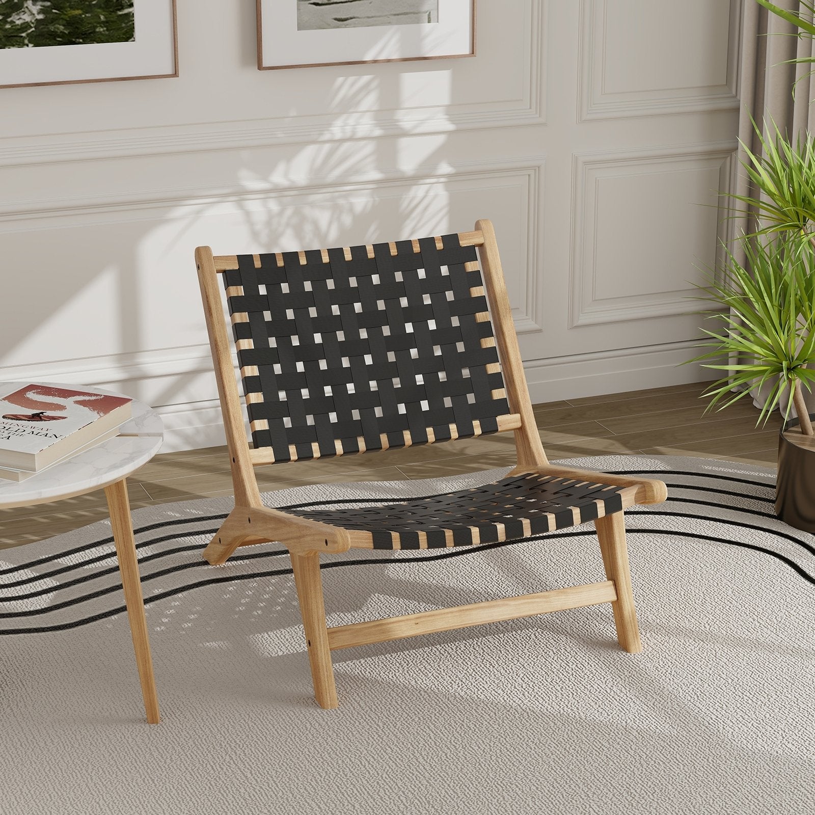 Modern Armless Teak Wood Lounge Chair with Nylon Woven Backrest and Seat, Black Patio Dining Chairs   at Gallery Canada