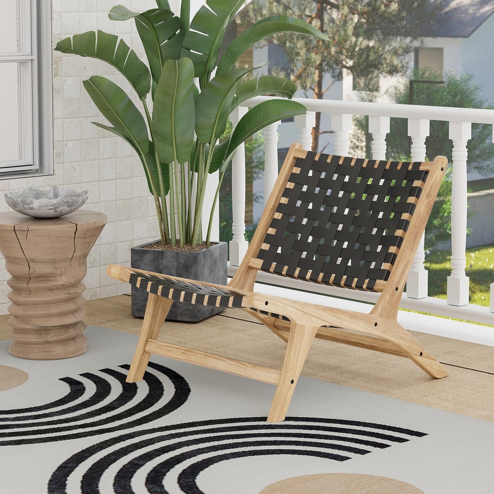 Modern Armless Teak Wood Lounge Chair with Nylon Woven Backrest and Seat, Black Patio Dining Chairs   at Gallery Canada