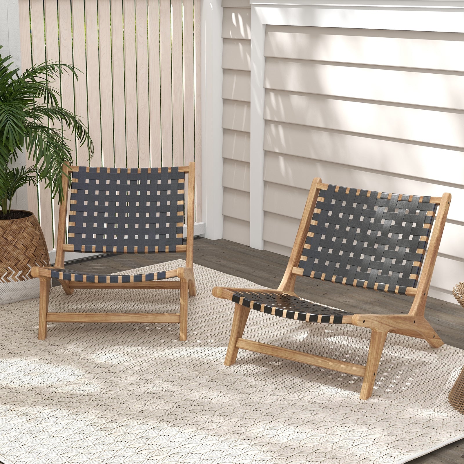 Modern Armless Teak Wood Lounge Chair with Nylon Woven Backrest and Seat, Black Patio Dining Chairs   at Gallery Canada