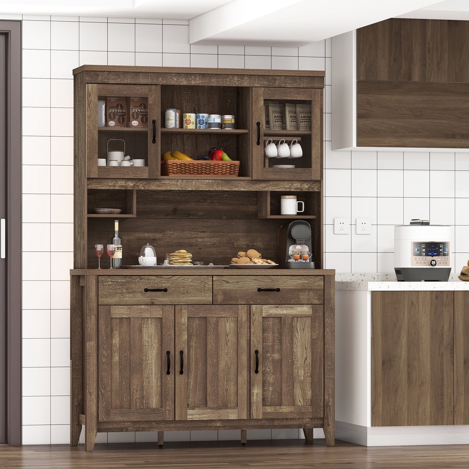 Kitchen Freestanding Hutch Cabinet with Microwave Countertop, Brown Sideboards Cabinets & Buffets   at Gallery Canada