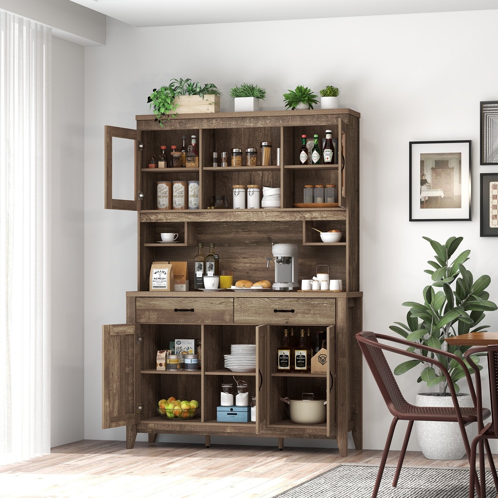 Kitchen Freestanding Hutch Cabinet with Microwave Countertop, Brown Sideboards Cabinets & Buffets   at Gallery Canada