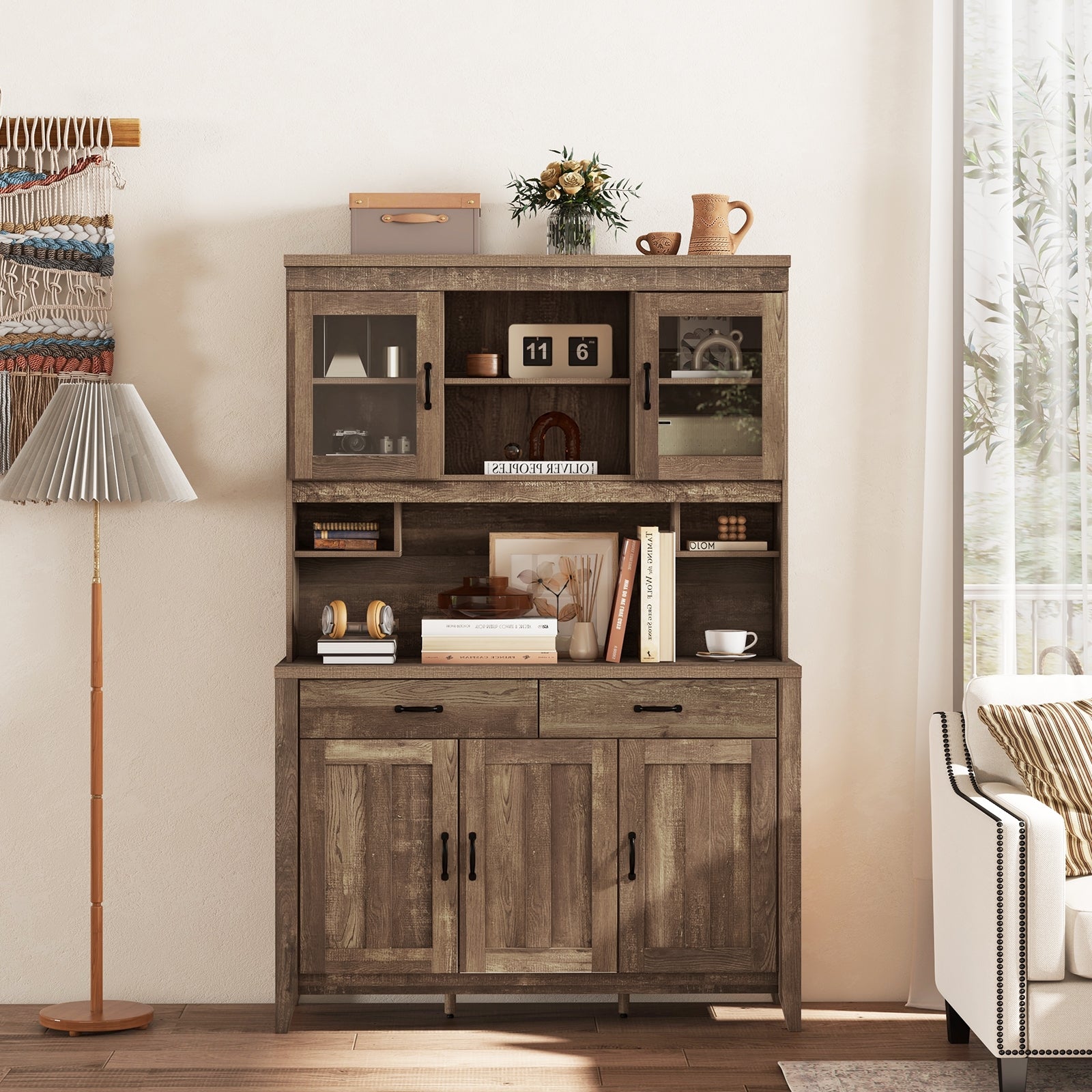 Kitchen Freestanding Hutch Cabinet with Microwave Countertop, Brown Sideboards Cabinets & Buffets   at Gallery Canada