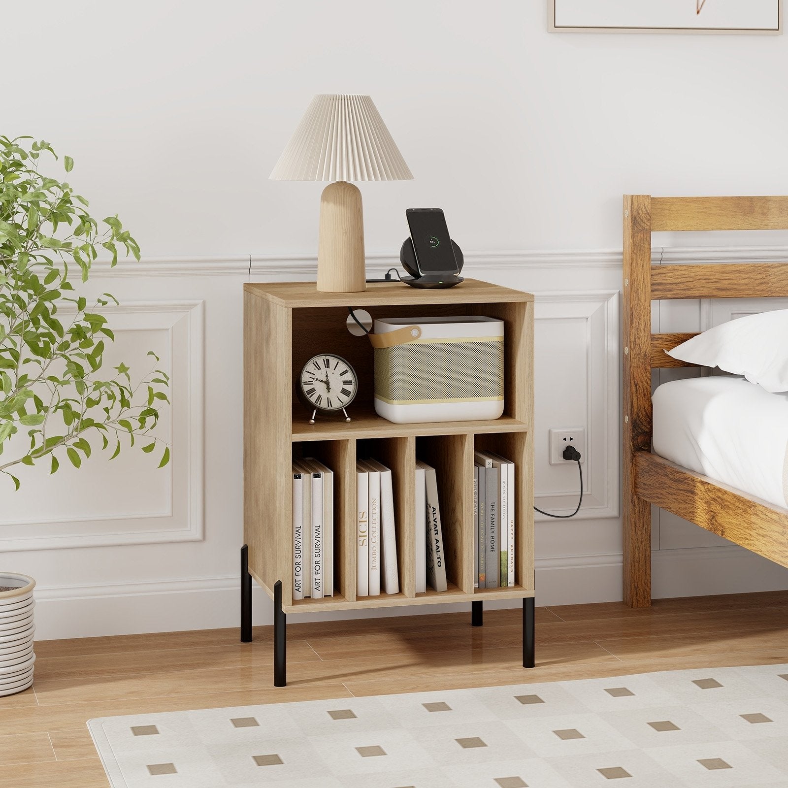 Record Player Stand with Record Storage Shelf and Charging Station, Natural End & Side Tables   at Gallery Canada