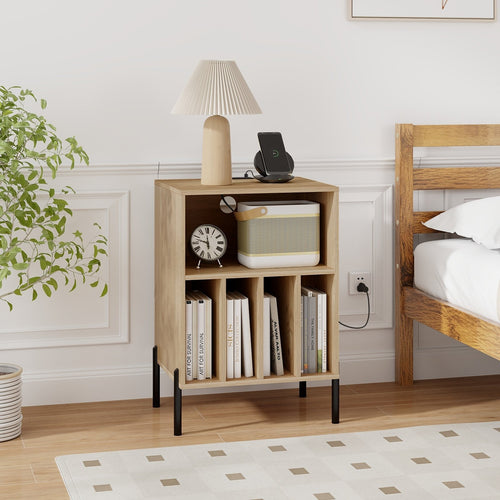 Record Player Stand with Record Storage Shelf and Charging Station, Natural