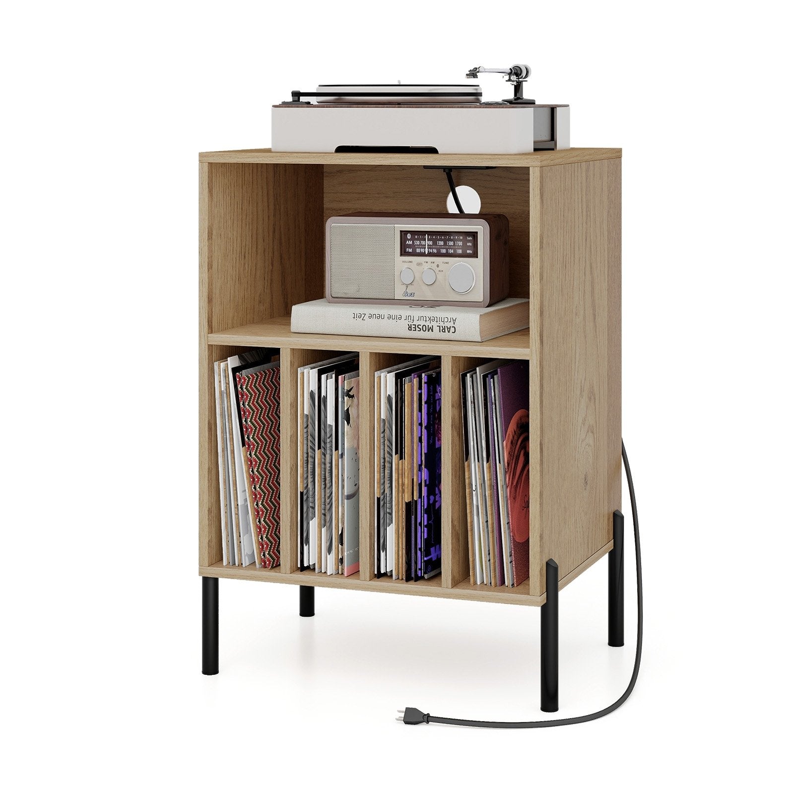 Record Player Stand with Record Storage Shelf and Charging Station, Natural End & Side Tables Natural  at Gallery Canada