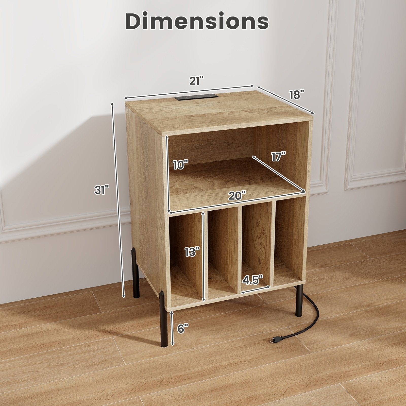 Record Player Stand with Record Storage Shelf and Charging Station, Natural End & Side Tables   at Gallery Canada