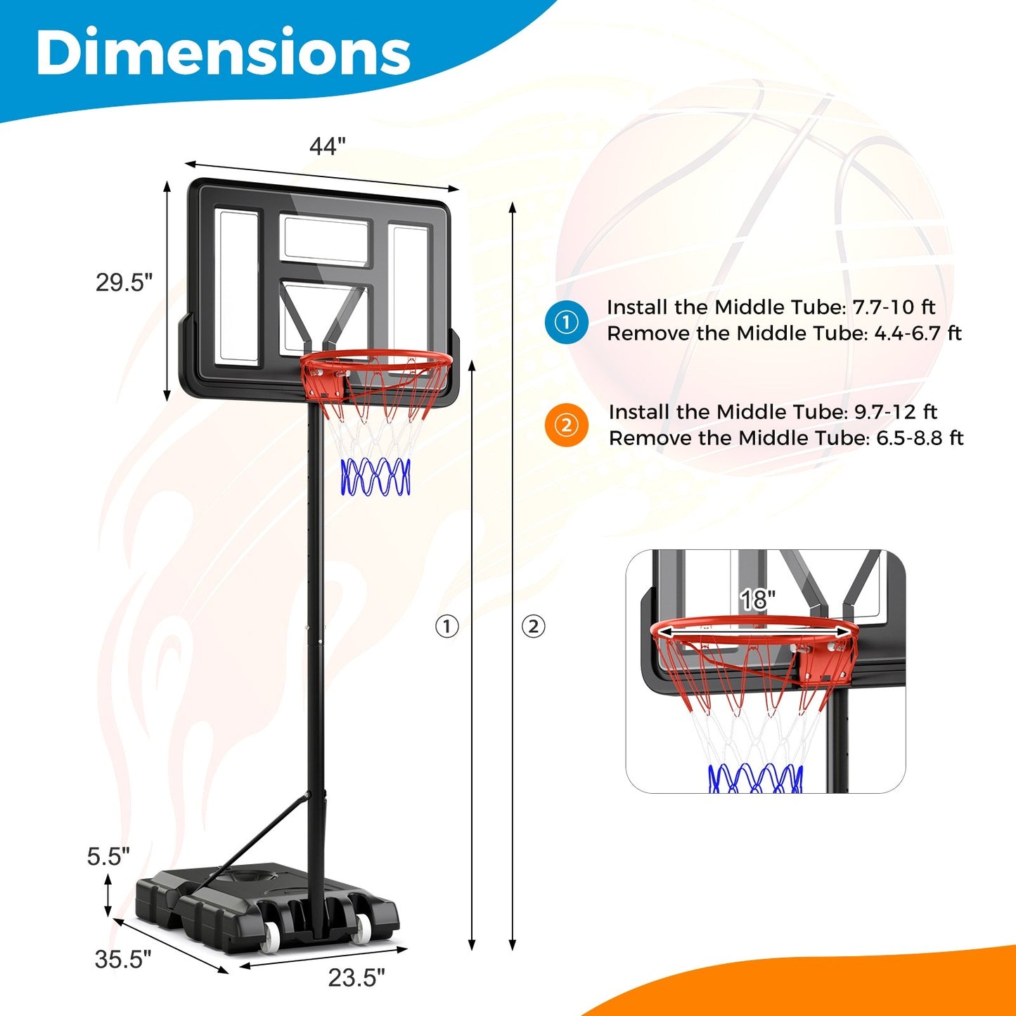 4.4-10 Feet Portable Basketball Hoop Adjustable with 2 Wheels and Fillable Base, Black Sport Equipments   at Gallery Canada