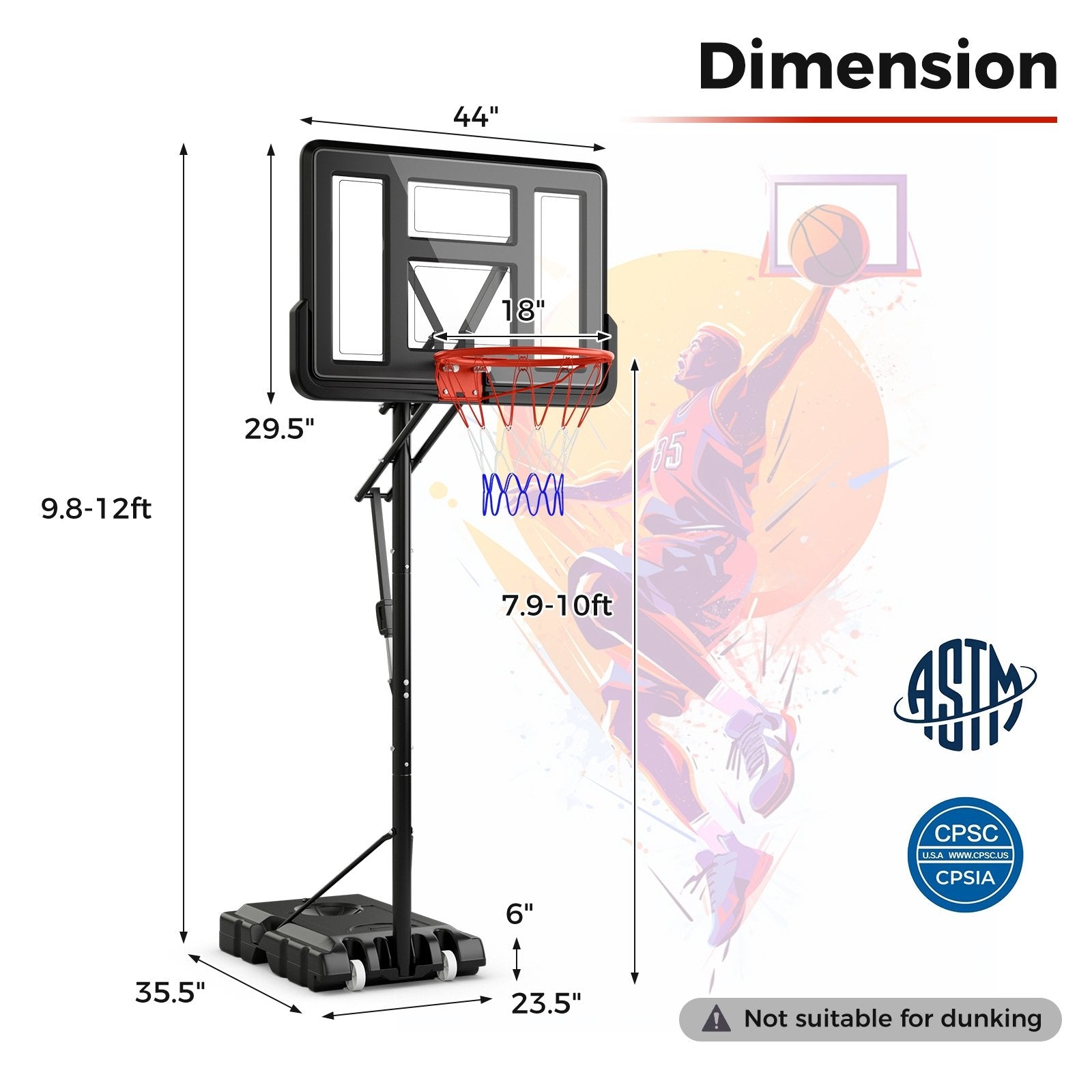 7.9-10 Feet Portable Basketball Hoop System with Sturdy Base and Wheels, Black Sport Equipments   at Gallery Canada