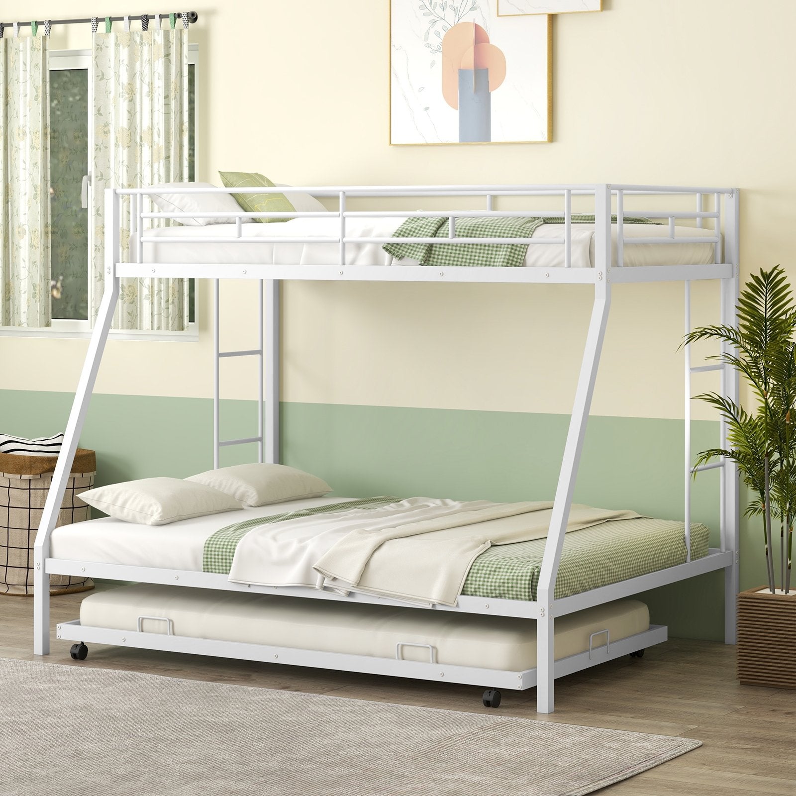 Twin Over Full Bunk Bed Frame with Trundle for Guest Room, White Bunk Bed Frame   at Gallery Canada