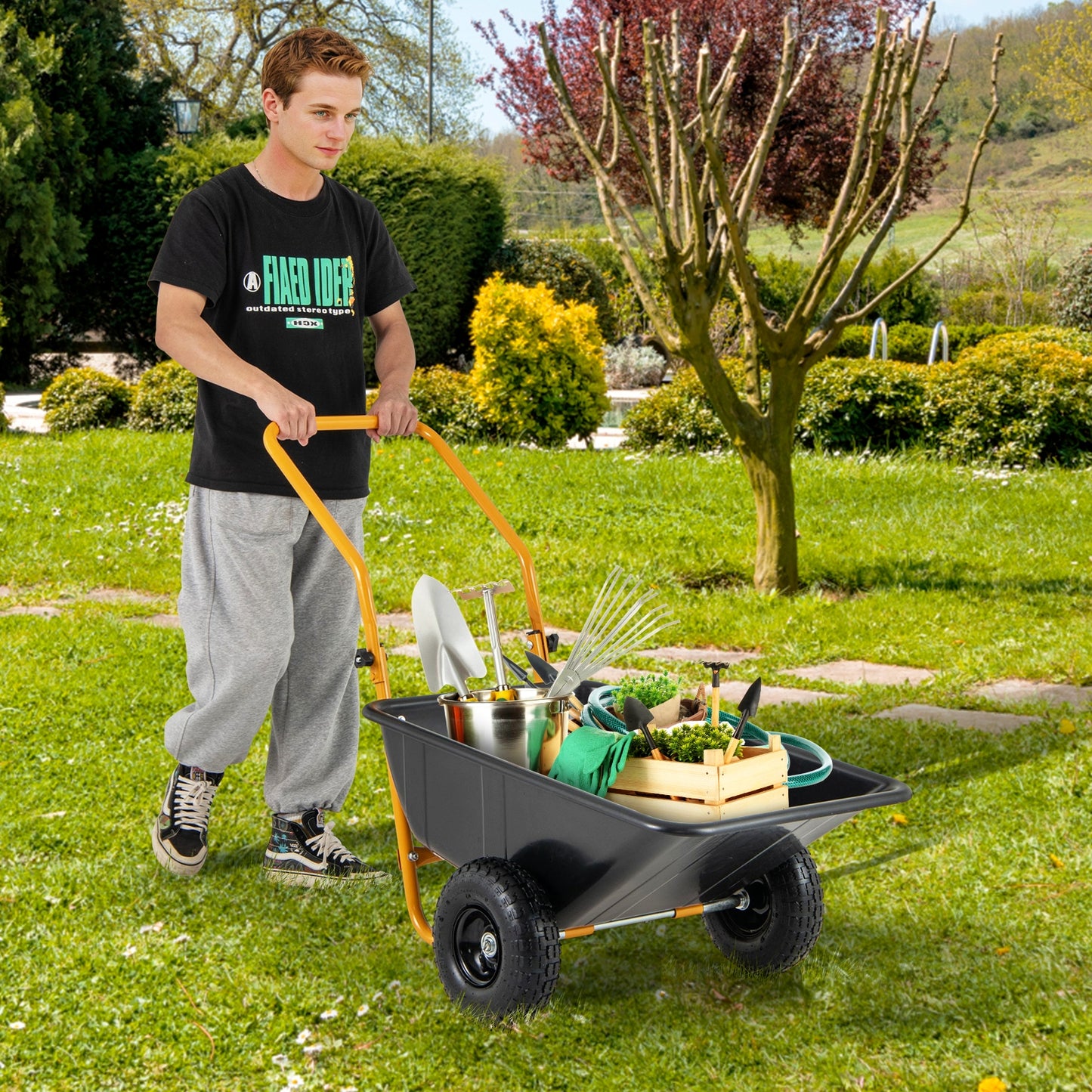 Dual-Wheel Wheelbarrow Garden Utility Cart with Pneumatic Tires, Black Garden Carts   at Gallery Canada