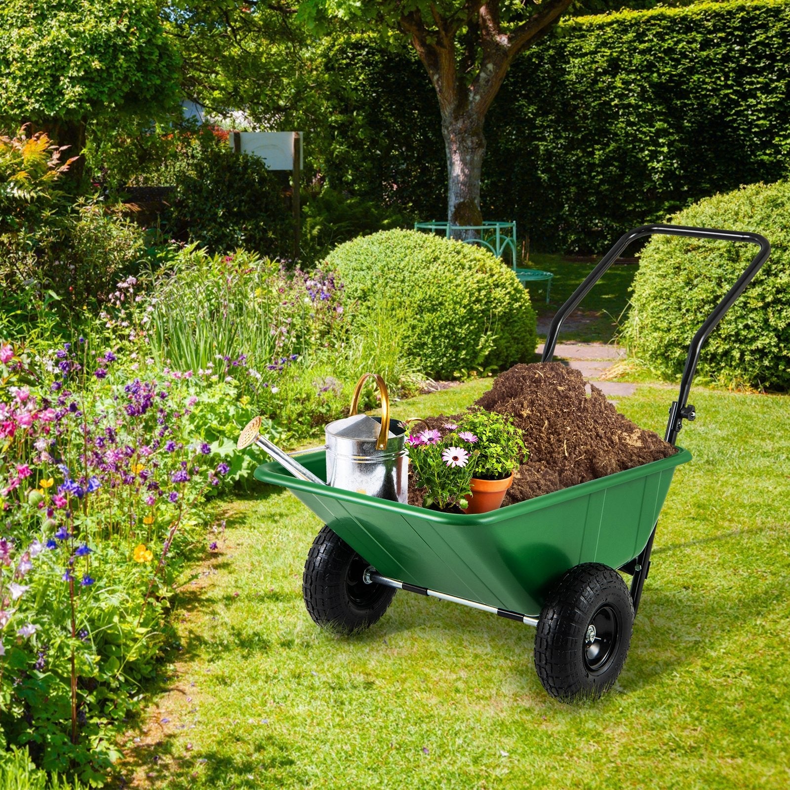 Dual-Wheel Wheelbarrow Garden Utility Cart with Pneumatic Tires, Green Garden Carts   at Gallery Canada