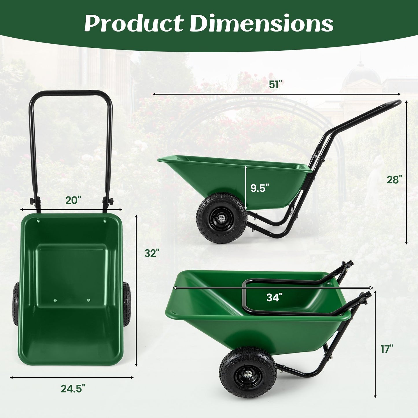 Dual-Wheel Wheelbarrow Garden Utility Cart with Pneumatic Tires, Green Garden Carts   at Gallery Canada