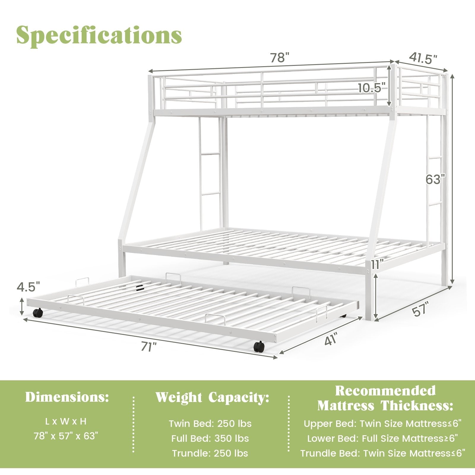 Twin Over Full Bunk Bed Frame with Trundle for Guest Room, White Bunk Bed Frame   at Gallery Canada