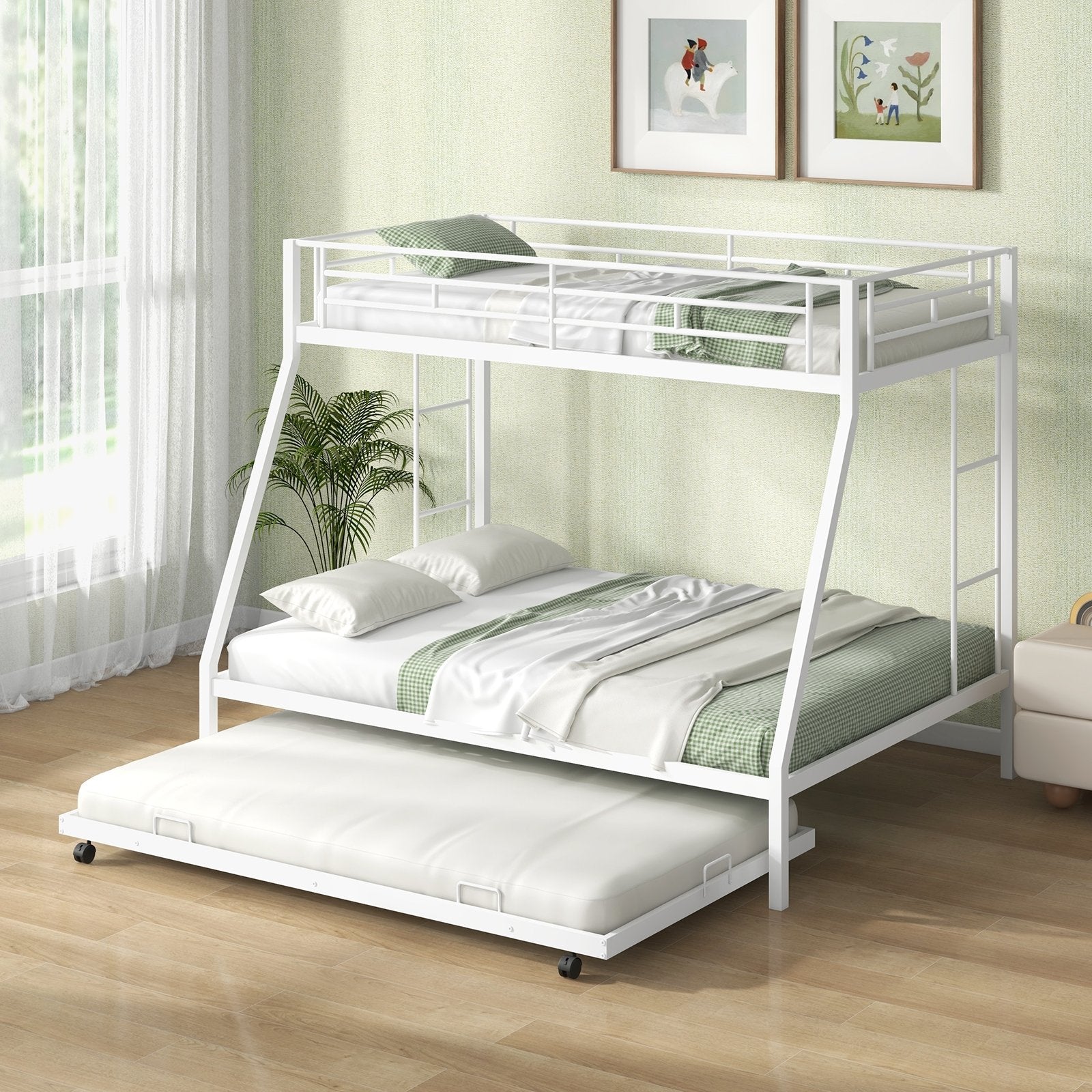 Twin Over Full Bunk Bed Frame with Trundle for Guest Room, White Bunk Bed Frame   at Gallery Canada