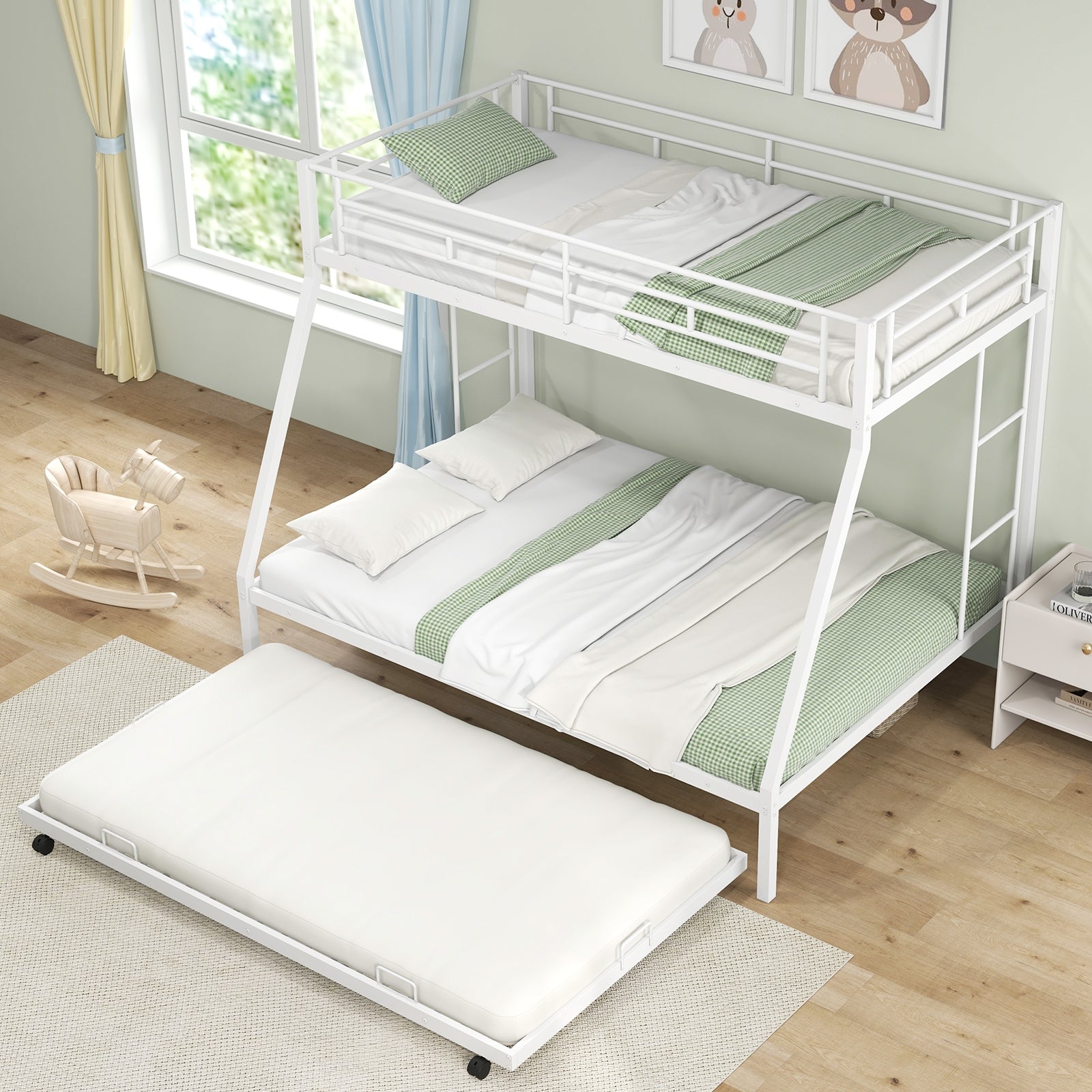 Twin Over Full Bunk Bed Frame with Trundle for Guest Room, White Bunk Bed Frame   at Gallery Canada