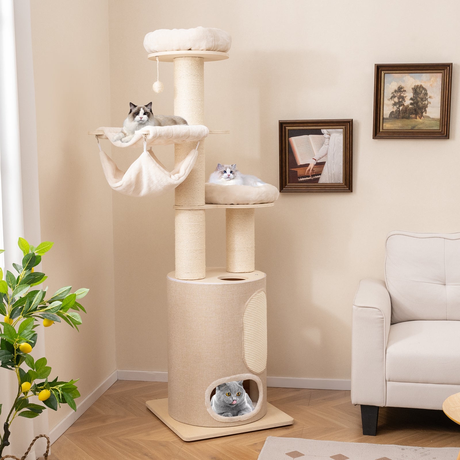 74 Inches Tall Wooden Cat Tower Tree with 2-Story Cat Condo and Washable Cushions, Natural Cat Trees Condos & Scratchers   at Gallery Canada