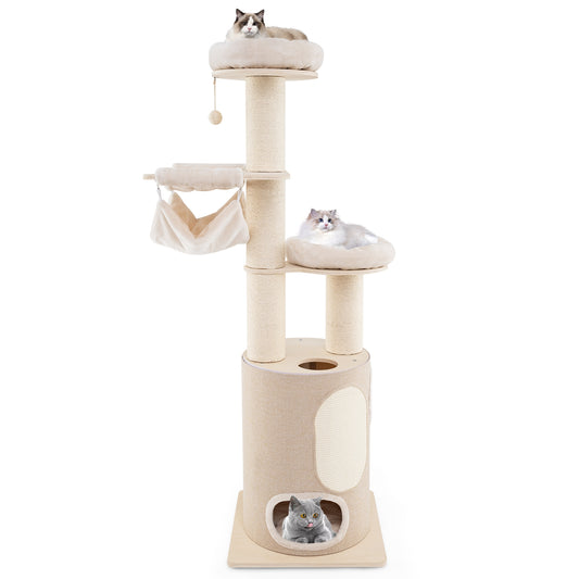 74 Inches Tall Wooden Cat Tower Tree with 2-Story Cat Condo and Washable Cushions, Natural Cat Trees Condos & Scratchers Natural  at Gallery Canada