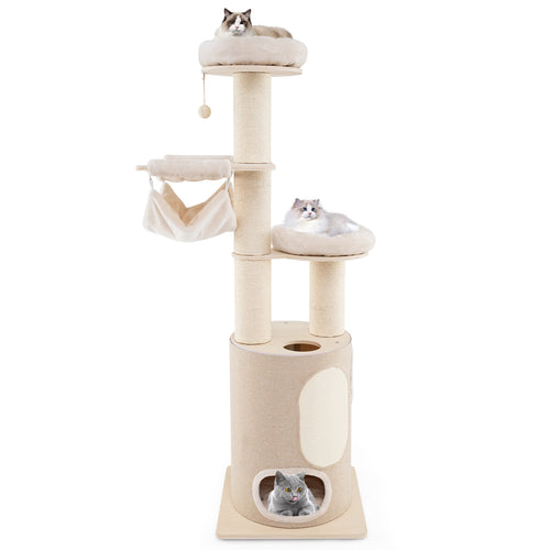 74 Inches Tall Wooden Cat Tower Tree with 2-Story Cat Condo and Washable Cushions, Natural