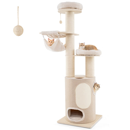 74 Inches Tall Wooden Cat Tower Tree with 2-Story Cat Condo and Washable Cushions, Natural Cat Trees Condos & Scratchers   at Gallery Canada