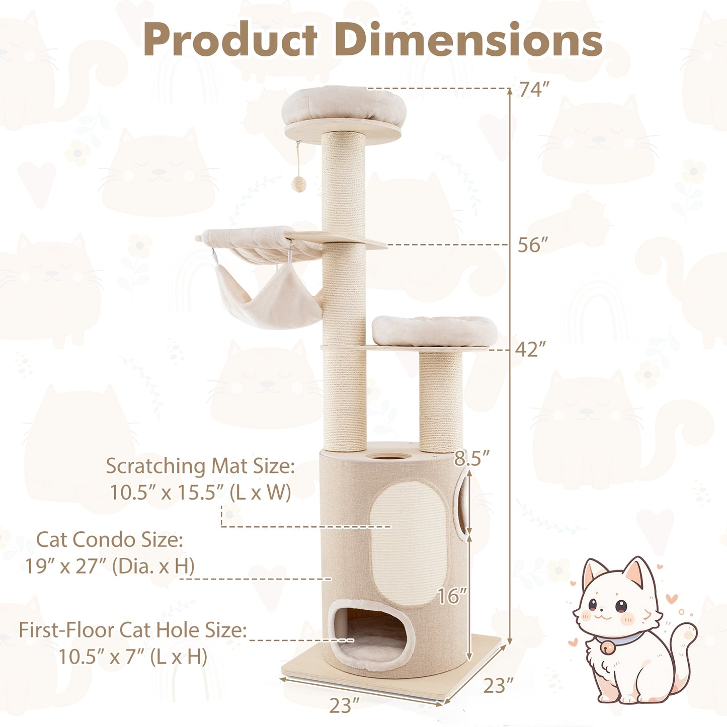 74 Inches Tall Wooden Cat Tower Tree with 2-Story Cat Condo and Washable Cushions, Natural Cat Trees Condos & Scratchers   at Gallery Canada