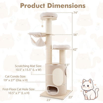 74 Inches Tall Wooden Cat Tower Tree with 2-Story Cat Condo and Washable Cushions, Natural Cat Trees Condos & Scratchers   at Gallery Canada