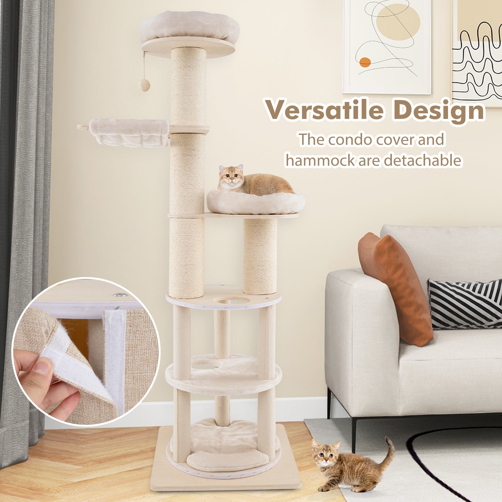 74 Inches Tall Wooden Cat Tower Tree with 2-Story Cat Condo and Washable Cushions, Natural Cat Trees Condos & Scratchers   at Gallery Canada