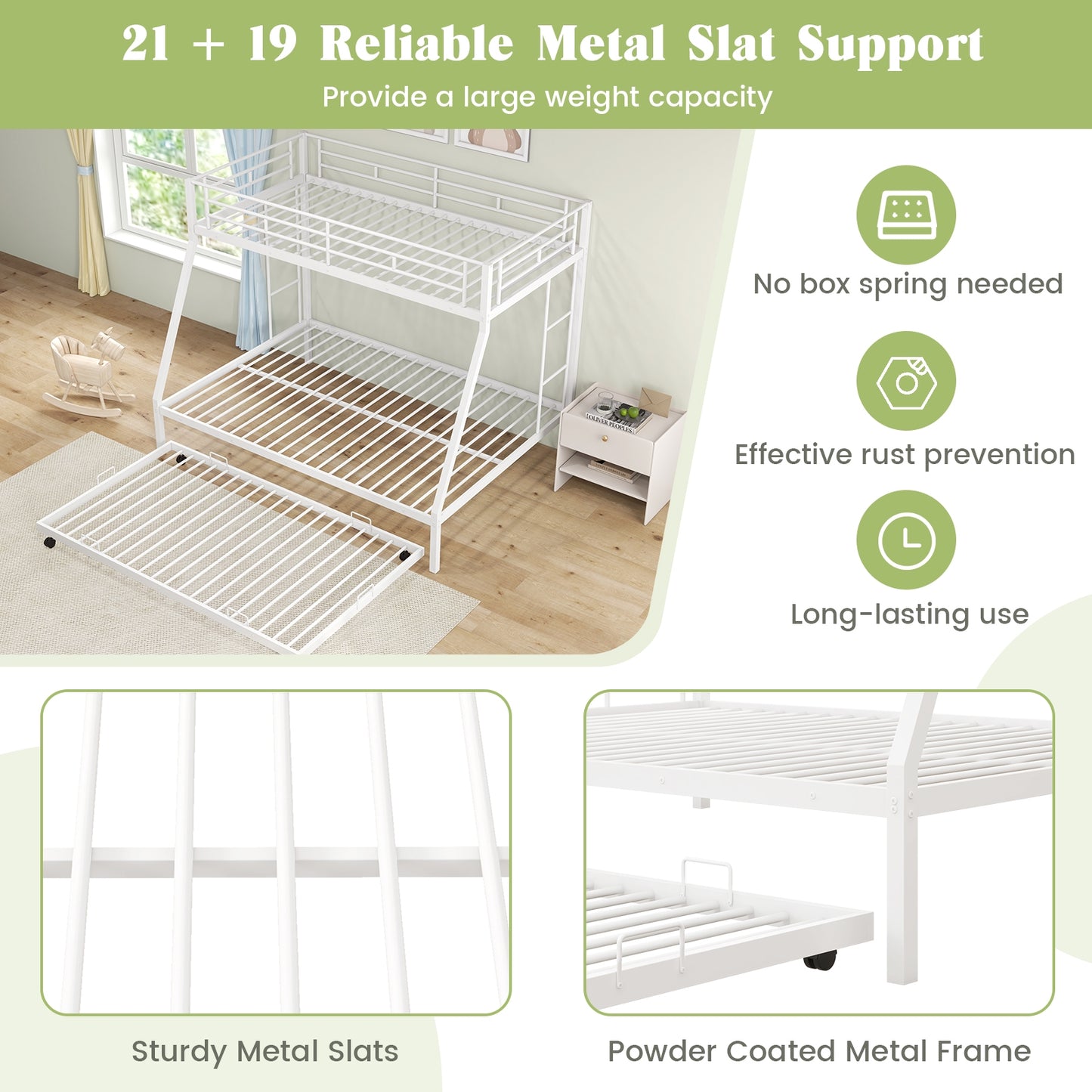 Twin Over Full Bunk Bed Frame with Trundle for Guest Room, White Bunk Bed Frame   at Gallery Canada