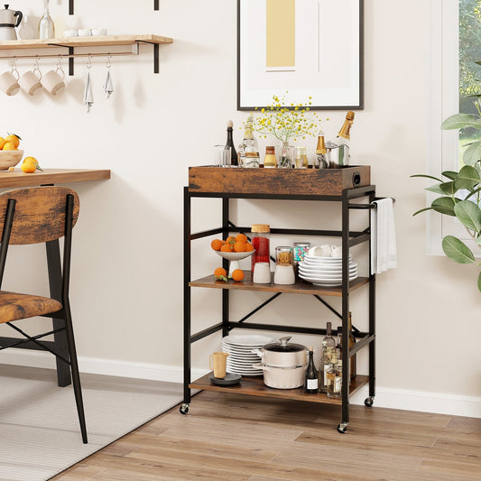 3-Tier Industrial Bar Cart with Detachable Tray for Kitchens, Rustic Brown Baker's Racks Rustic Brown  at Gallery Canada