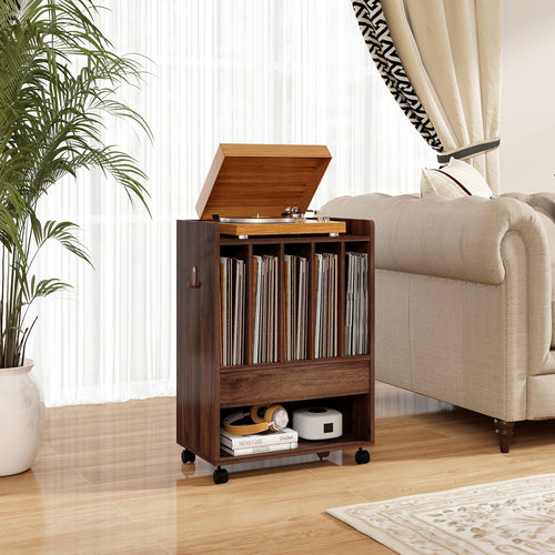 Record Rolling Turntable Player Stand with Drawer, Brown