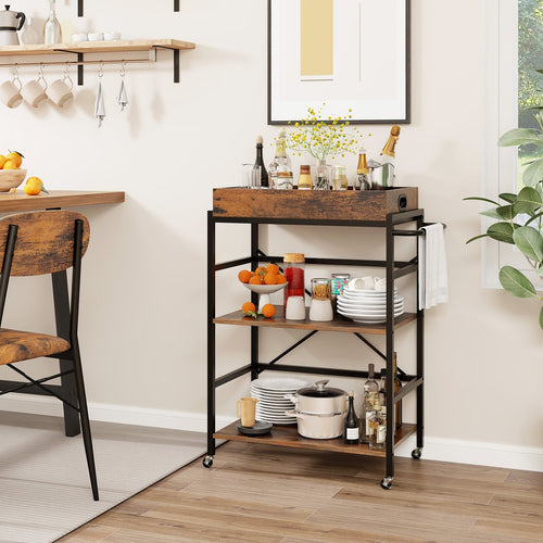 3-Tier Industrial Bar Cart with Detachable Tray for Kitchens, Rustic Brown