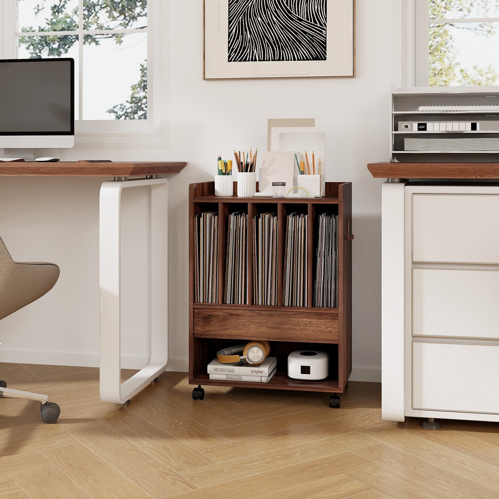 Record Rolling Turntable Player Stand with Drawer, Brown End & Side Tables   at Gallery Canada