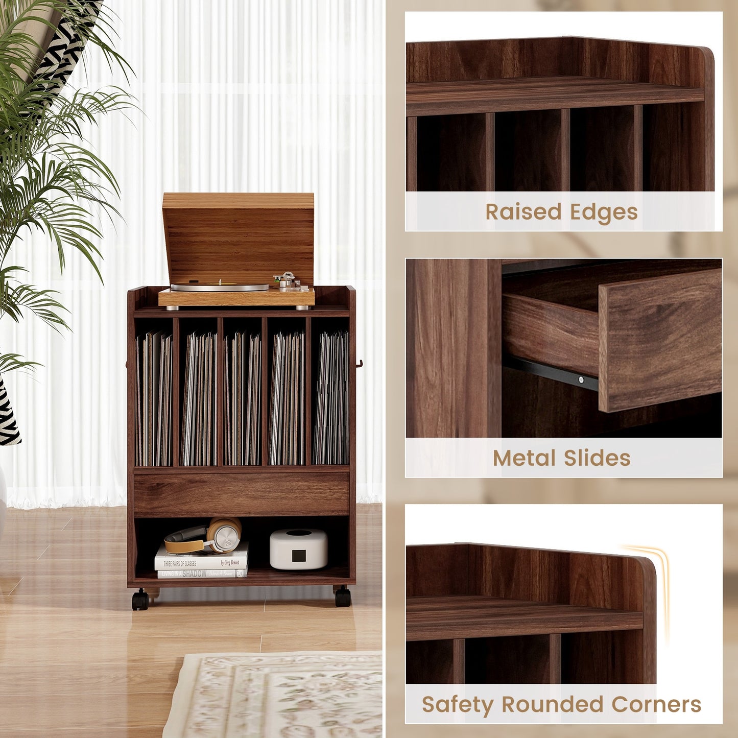 Record Rolling Turntable Player Stand with Drawer, Brown End & Side Tables   at Gallery Canada