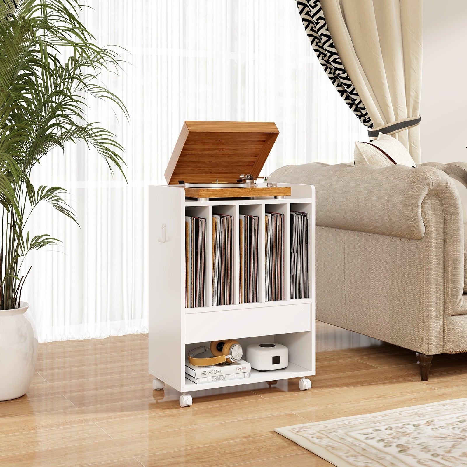 Record Rolling Turntable Player Stand with Drawer, White End & Side Tables   at Gallery Canada