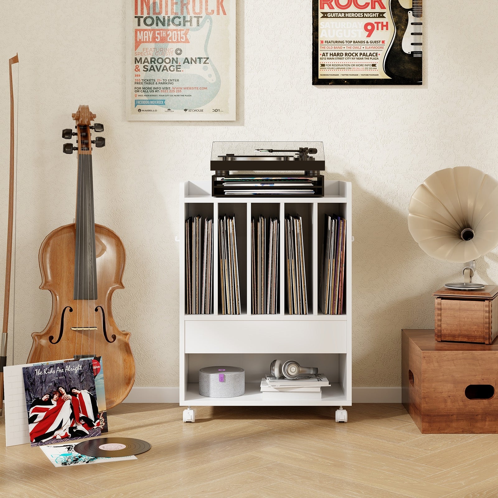 Record Rolling Turntable Player Stand with Drawer, White End & Side Tables   at Gallery Canada