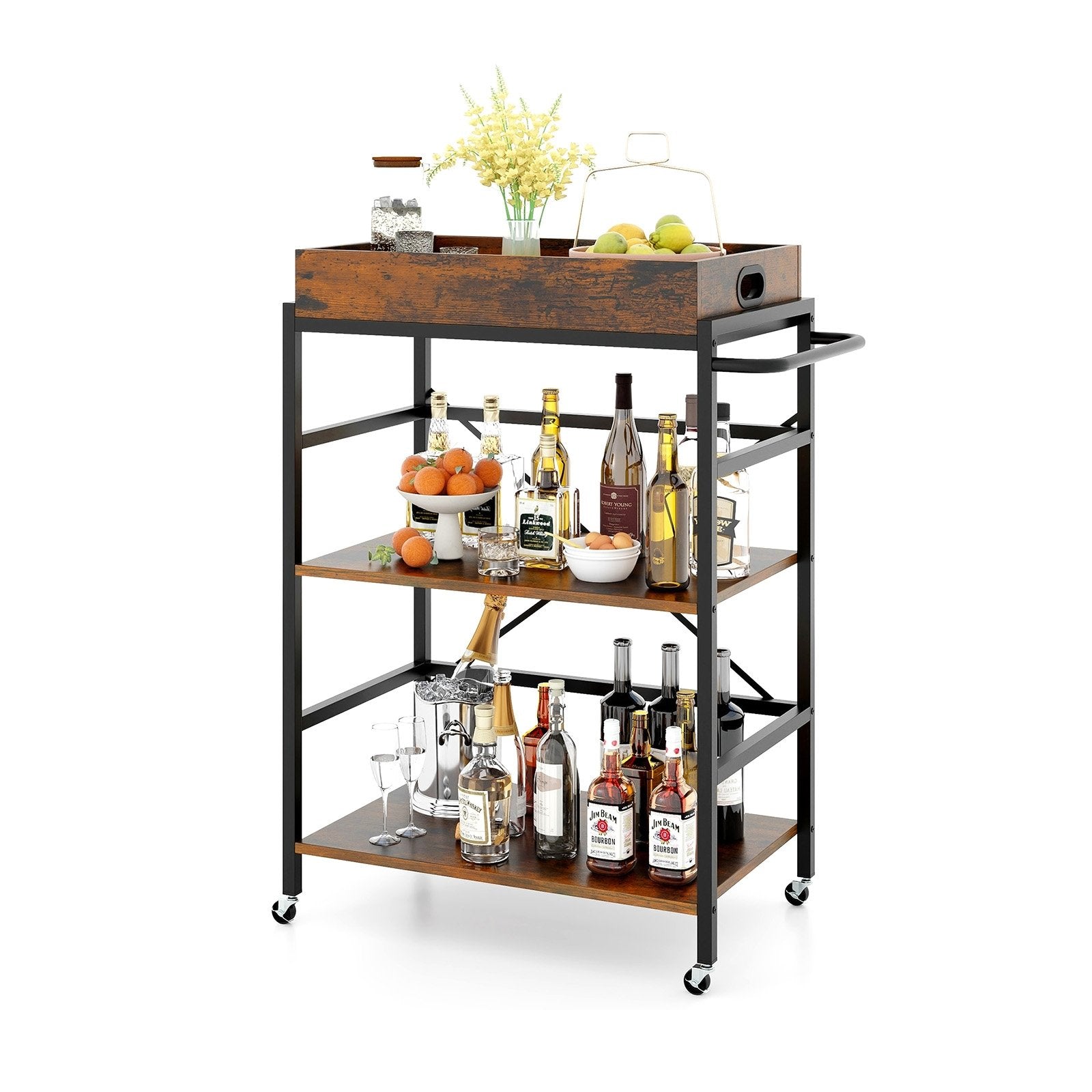 3-Tier Industrial Bar Cart with Detachable Tray for Kitchens, Rustic Brown Baker's Racks Rustic Brown  at Gallery Canada