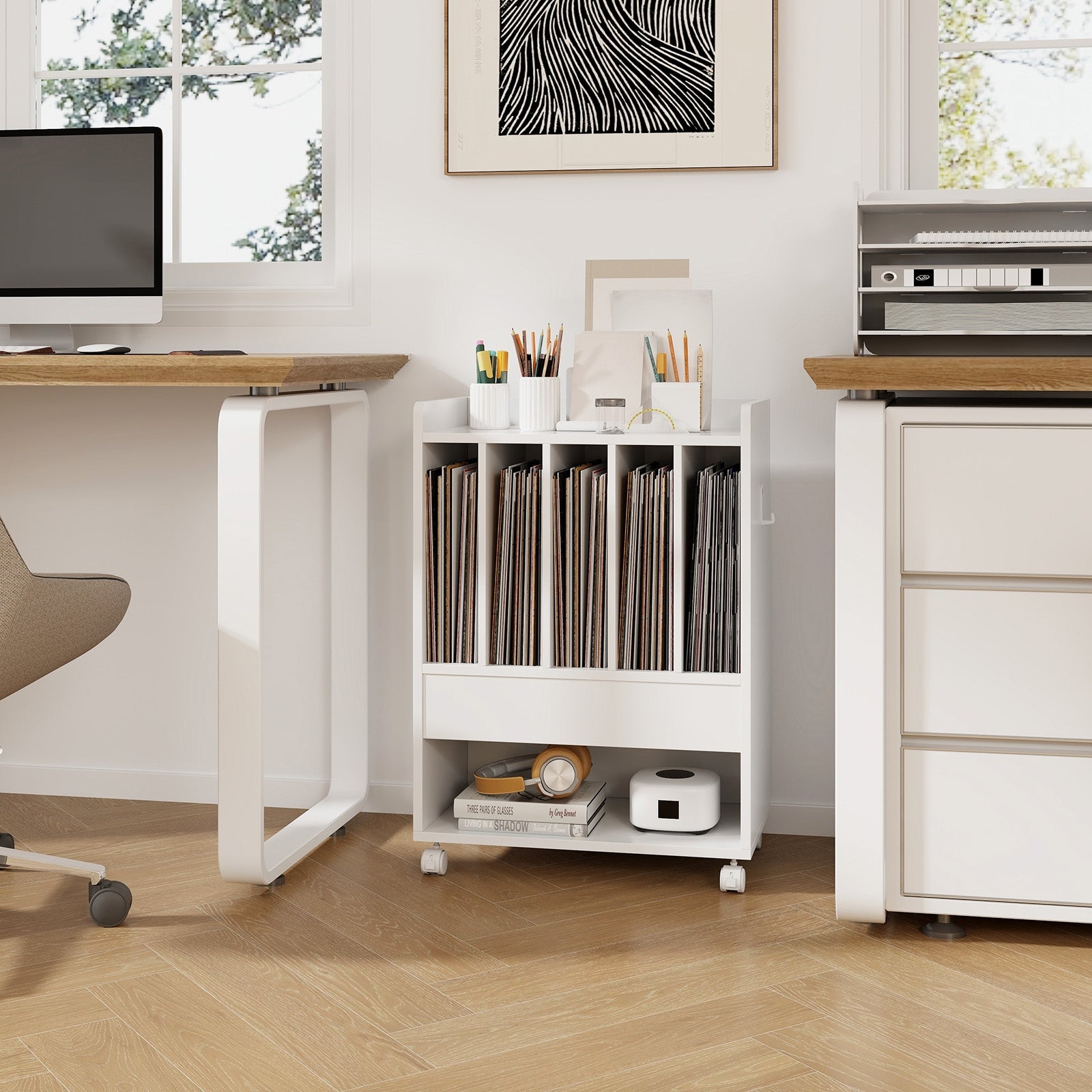 Record Rolling Turntable Player Stand with Drawer, White End & Side Tables   at Gallery Canada