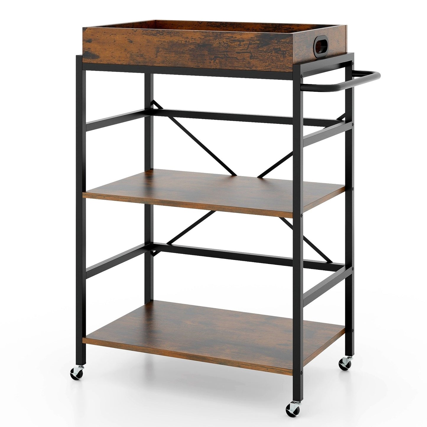 3-Tier Industrial Bar Cart with Detachable Tray for Kitchens, Rustic Brown Baker's Racks   at Gallery Canada