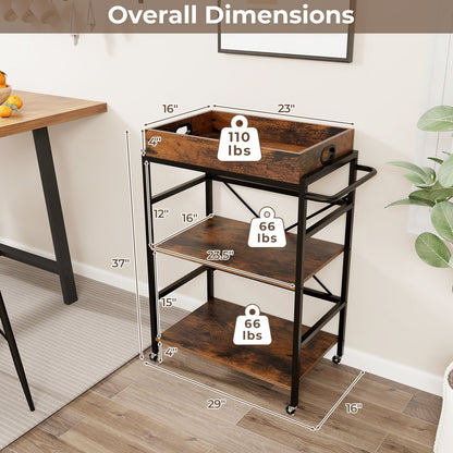 3-Tier Industrial Bar Cart with Detachable Tray for Kitchens, Rustic Brown Baker's Racks   at Gallery Canada