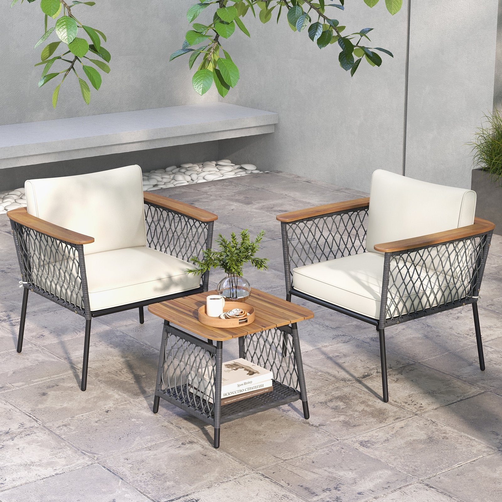 3 Piece Patio Furniture Set Rattan Chair Set with 2-Tier Coffee Table, White Patio Conversation Sets   at Gallery Canada