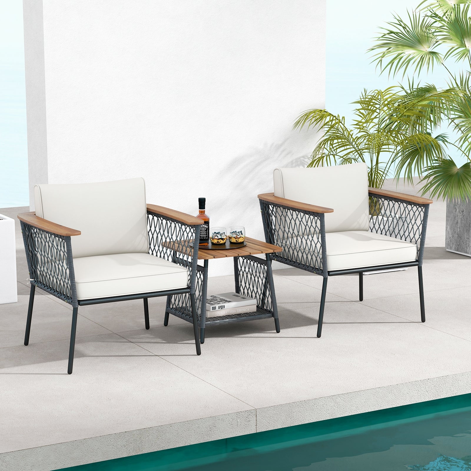 3 Piece Patio Furniture Set Rattan Chair Set with 2-Tier Coffee Table, White Patio Conversation Sets   at Gallery Canada