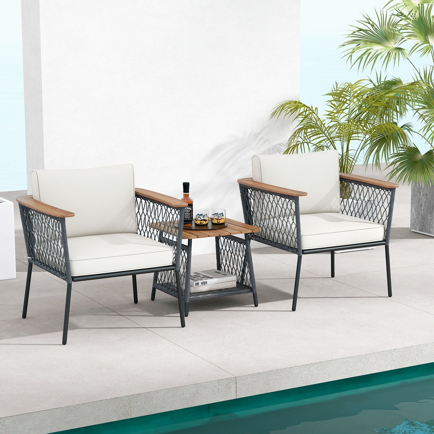 3 Piece Patio Furniture Set Rattan Chair Set with 2-Tier Coffee Table, White Patio Conversation Sets   at Gallery Canada