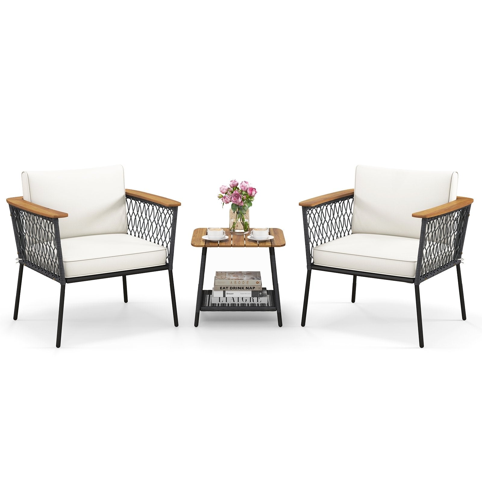 3 Piece Patio Furniture Set Rattan Chair Set with 2-Tier Coffee Table, White Patio Conversation Sets White  at Gallery Canada