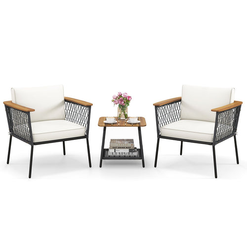 3 Piece Patio Furniture Set Rattan Chair Set with 2-Tier Coffee Table, White