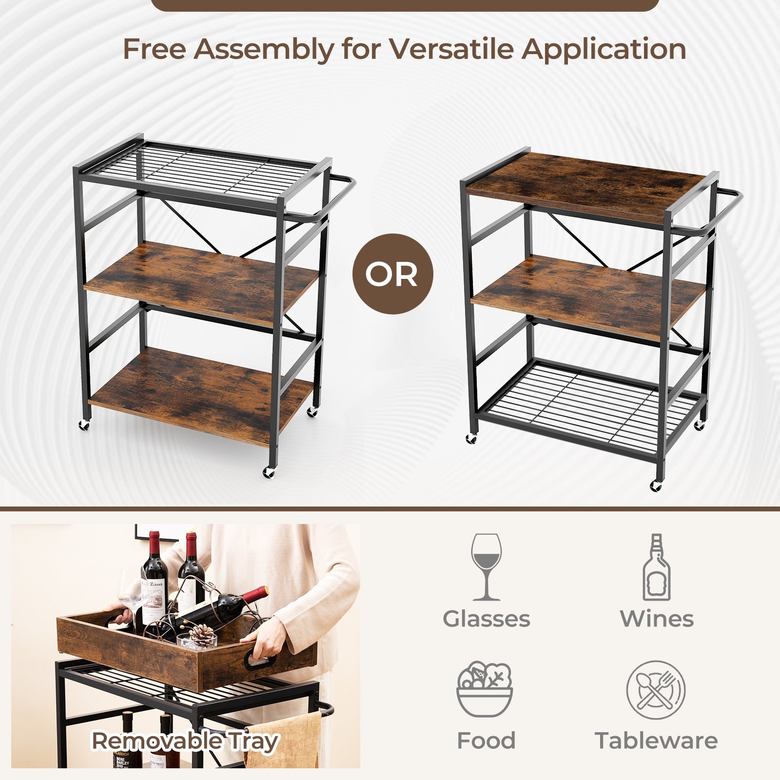 3-Tier Industrial Bar Cart with Detachable Tray for Kitchens, Rustic Brown Baker's Racks   at Gallery Canada