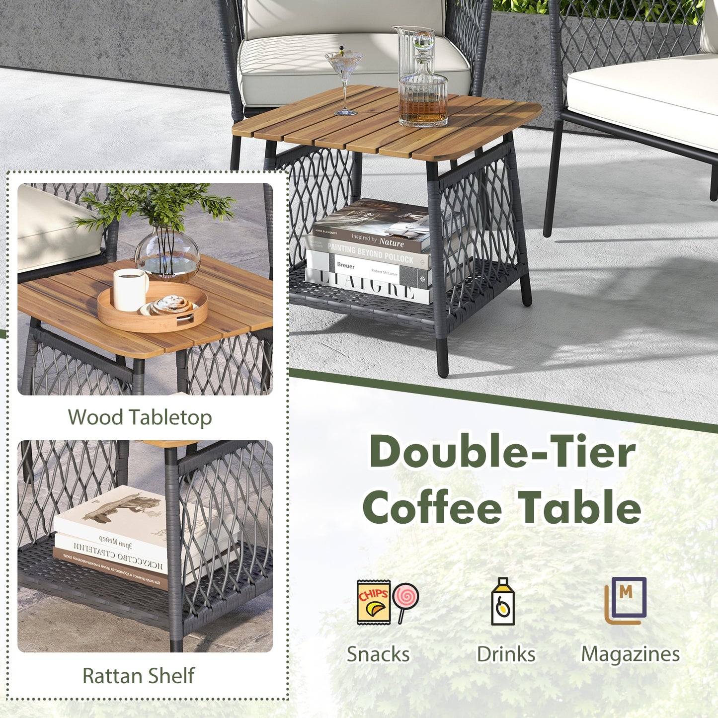 3 Piece Patio Furniture Set Rattan Chair Set with 2-Tier Coffee Table, White Patio Conversation Sets   at Gallery Canada