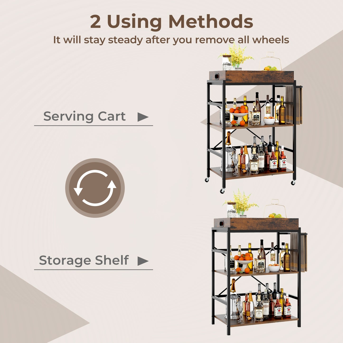 3-Tier Industrial Bar Cart with Detachable Tray for Kitchens, Rustic Brown Baker's Racks   at Gallery Canada